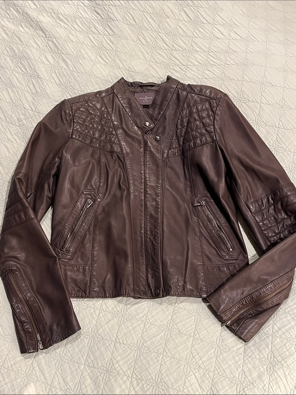 COLE HAAN Brown Leather Moto Jacket